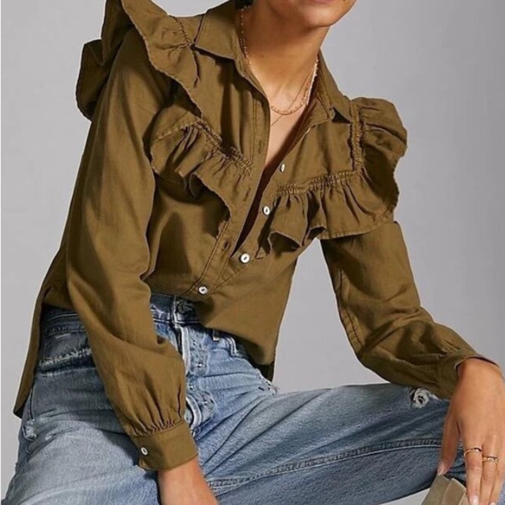 Anthropologie Pilcro Ruffled Chambray Olive Green Button Down Blouse S